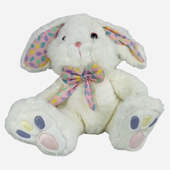 Vintage 90s Dan Dee White 14" Easter Bunny Rabbit Plush Jellybean Ears Bowtie - Picture 2 of 16